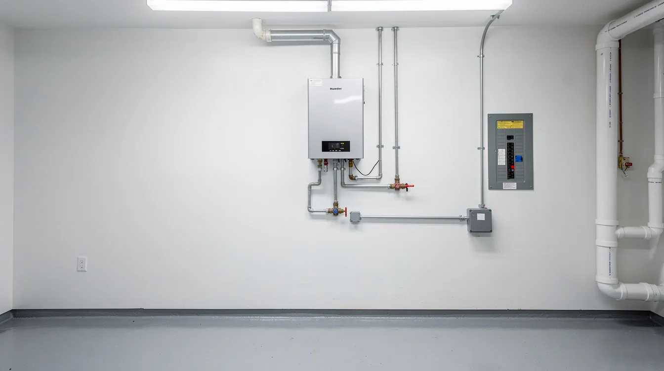The image shows a wall-mounted tankless water heater unit installed in a clean utility room, highlighting its compact design that saves space compared to traditional tank water heaters. This energy-efficient tankless unit provides an endless supply of hot water on demand, making it a popular choice for many homeowners.
