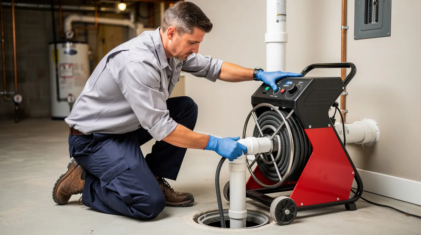 A professional plumber using specialized drain cleaning equipment at a residential pipe access point