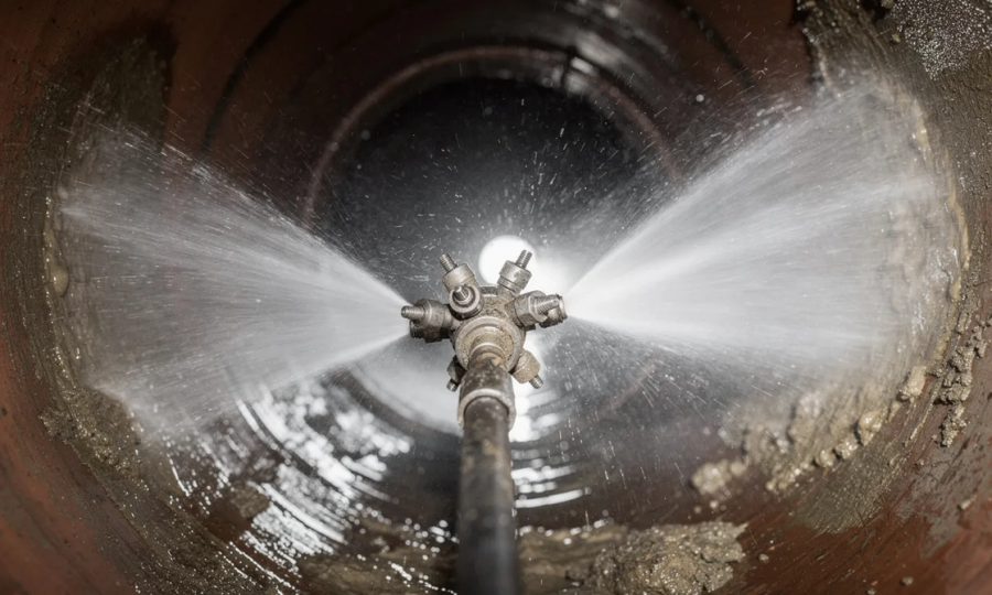 Pressure cleaning a sewer pipe during professional drain cleaning