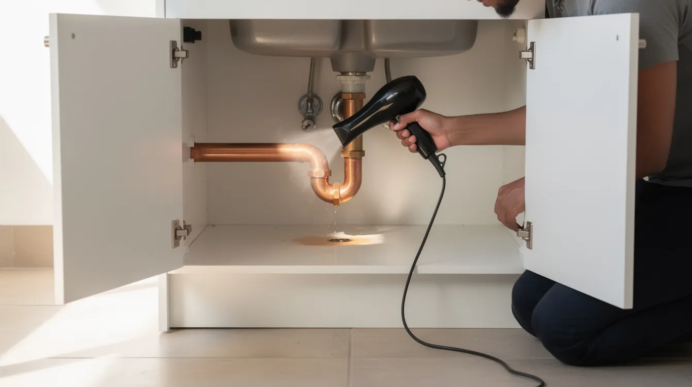 A person is using a hair dryer to thaw frozen pipes near a sink, aiming to restore water flow in the plumbing system. This method helps prevent further damage from burst pipes during extreme cold weather.