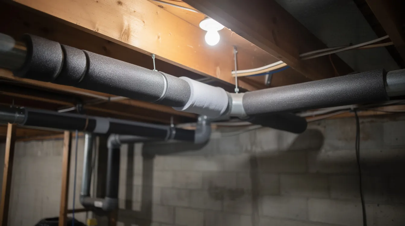 The image shows foam insulation sleeves tightly wrapped around exposed basement pipes, designed to prevent frozen pipes during severe cold snaps. This insulation helps maintain heat in the plumbing system, reducing the risk of pipe bursts and ensuring a steady water flow.