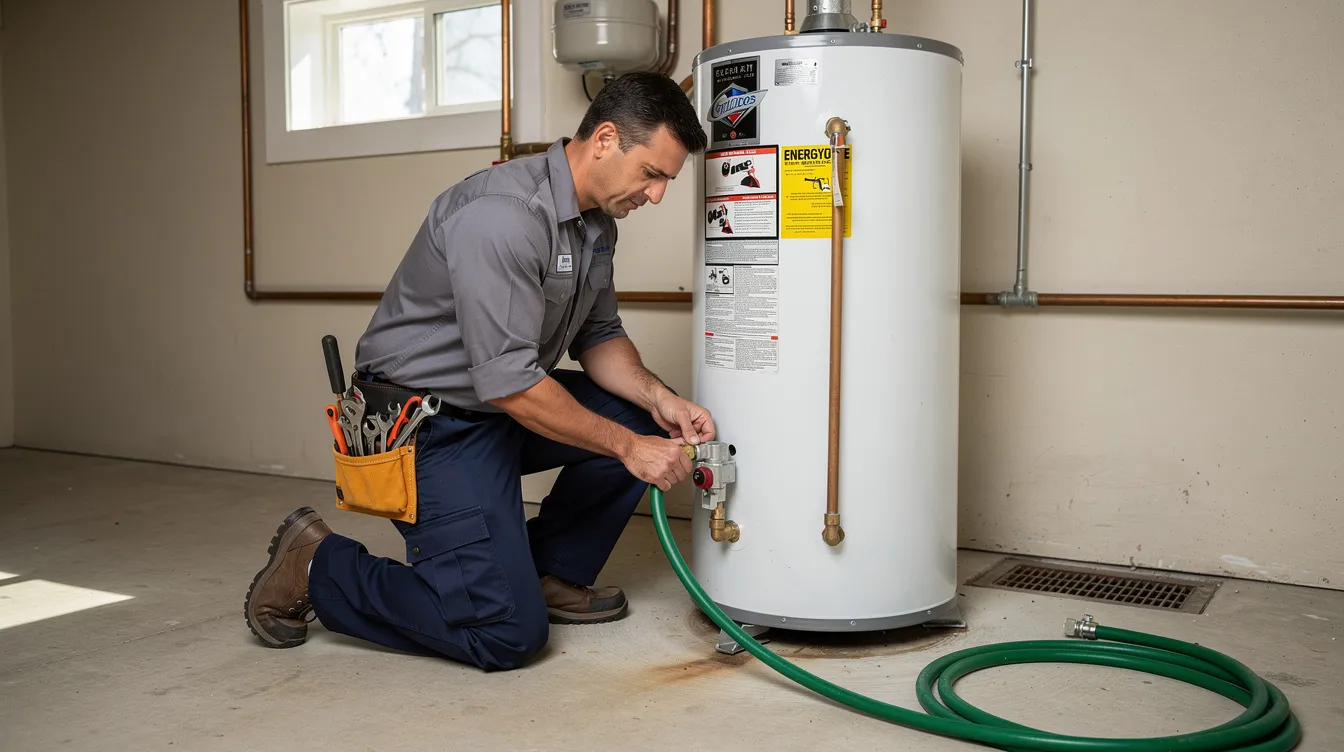 A plumber is seen connecting a garden hose to the drain valve at the base of a residential water heater tank, which is part of the home's plumbing system. This process is essential for addressing potential issues related to low hot water pressure and sediment buildup in the hot water tank.