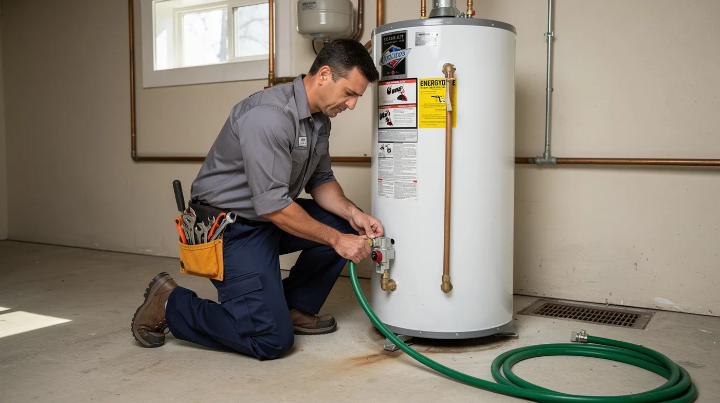 A plumber is seen connecting a garden hose to the drain valve at the base of a residential water heater tank, which is part of the home's plumbing system. This process is essential for addressing potential issues related to low hot water pressure and sediment buildup in the hot water tank.