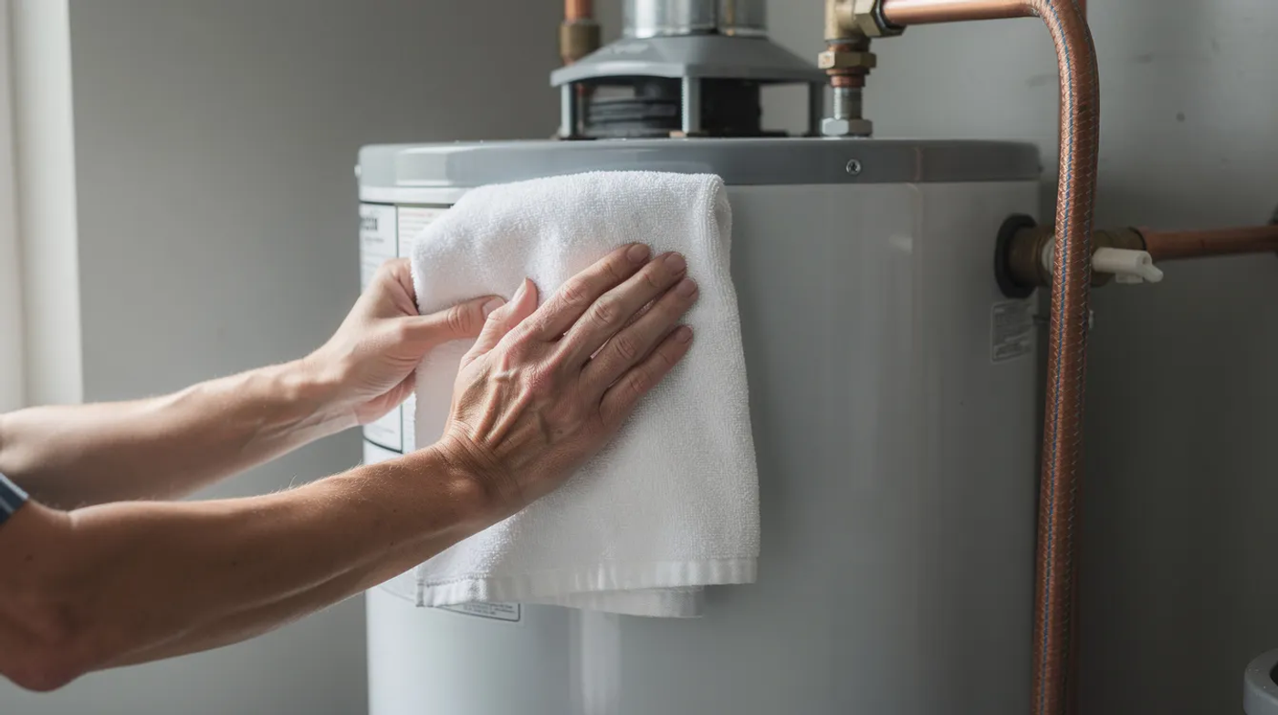 A pair of hands holding a towel is inspecting the top of a residential water heater, checking for signs of leaking water. The inspection focuses on potential issues such as loose fittings, a faulty valve, or sediment buildup that could lead to costly repairs or water damage.