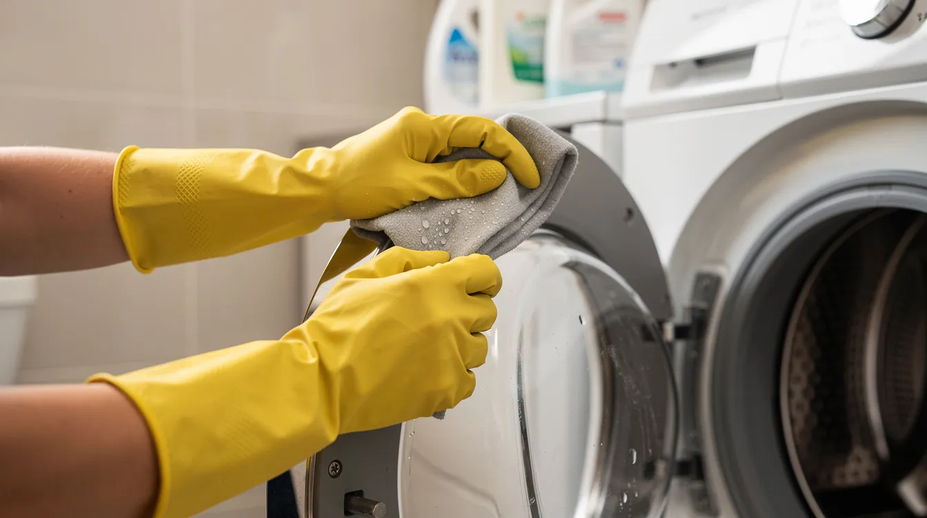 A close-up image shows a person wearing rubber gloves as they thoroughly scrub the rubber door seal of a front-load washing machine, which can be a perfect breeding ground for foul smells like sewage and mildew if not properly maintained. The scene highlights the importance of regular cleaning to prevent odors and bacteria buildup in the laundry room.