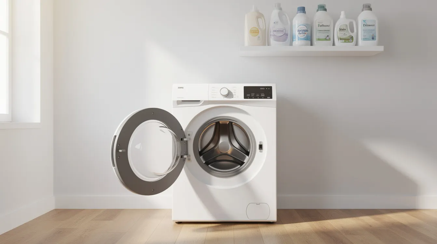 The image depicts a bright, clean laundry room featuring a modern front loader washing machine with its door open, revealing the drum inside. Neatly organized detergent bottles and a bottle of white vinegar sit on a shelf, emphasizing the importance of proper maintenance to prevent foul smells and issues like those associated with sewage or clogged drains.