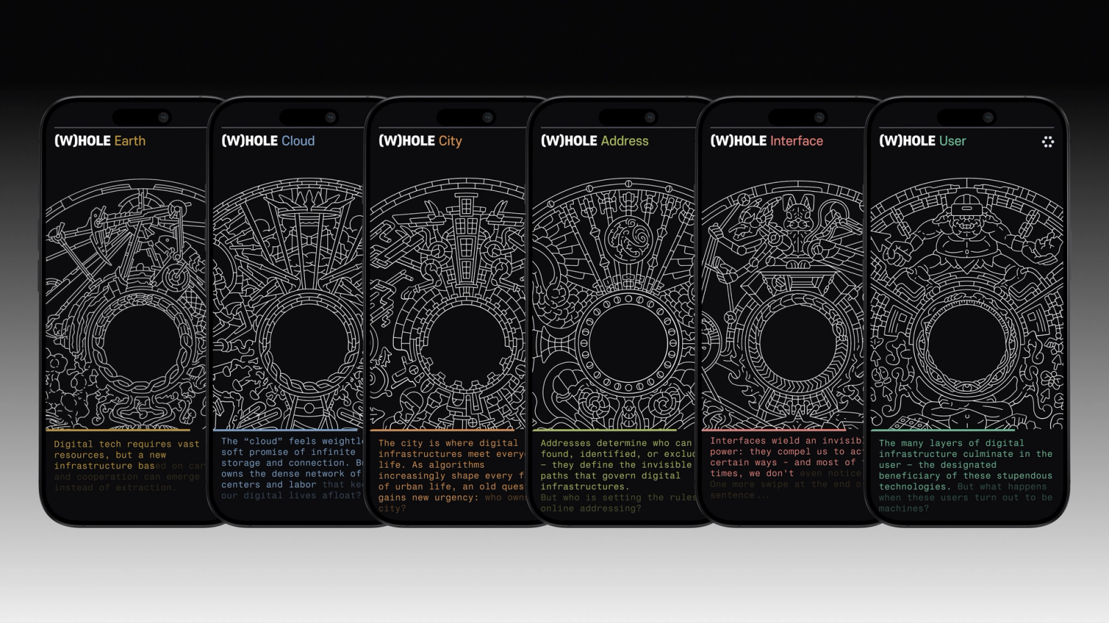 Each cover has a QR code that unlocks a unique realm of digital infrastructure: Earth, Cloud, City, Address, Interface, and User.