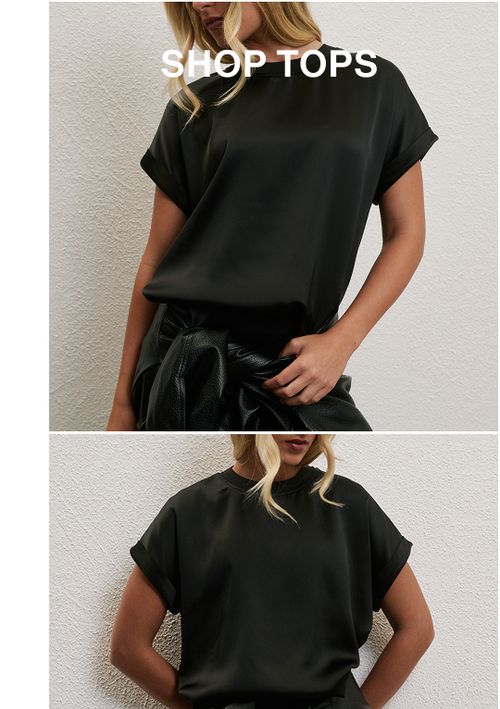 Model wearing a black satin top. Text reads SHOP TOPS