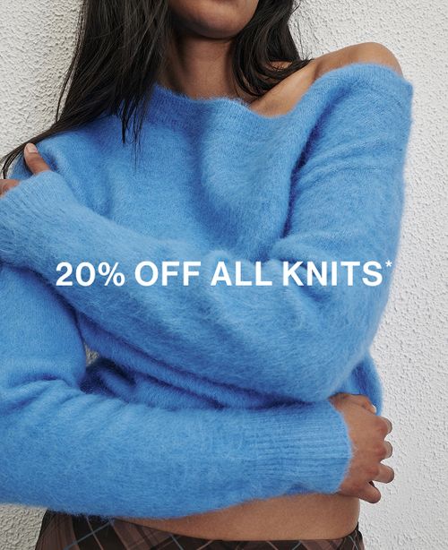 Model wearing a blue knit. Text reads 20% off knits.