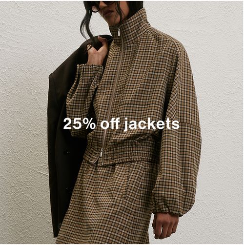 Model wearing a check print jacket and skirt, promoting 25% off jackets
