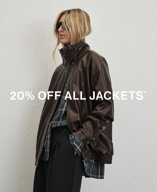 Model wearing a brown jacket. Text reads 20% off jackets.
