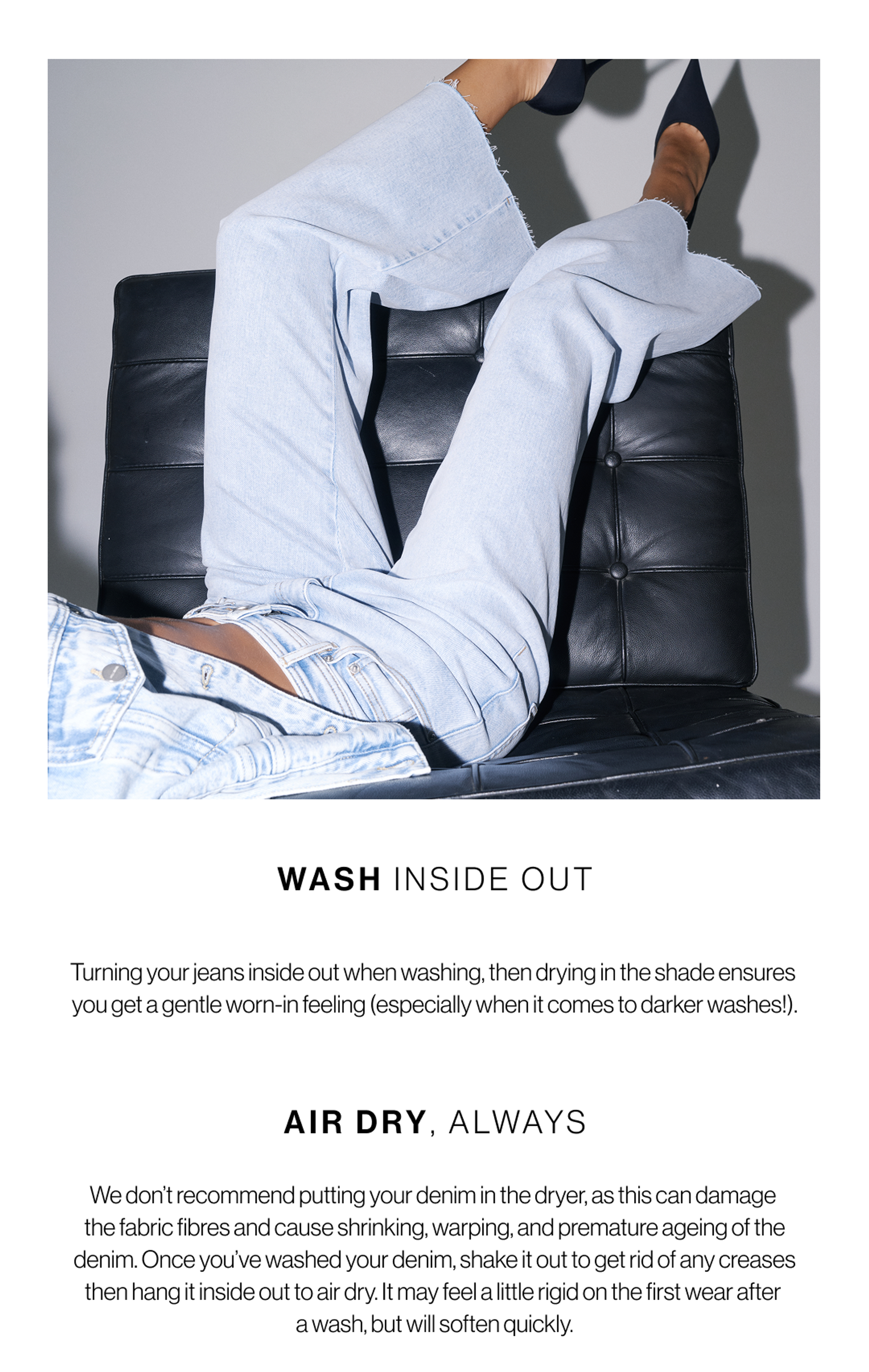Model reclining on a black chair wearing light-wash jeans and a long-sleeve top. Headings emphasize washing denim inside out and air drying.