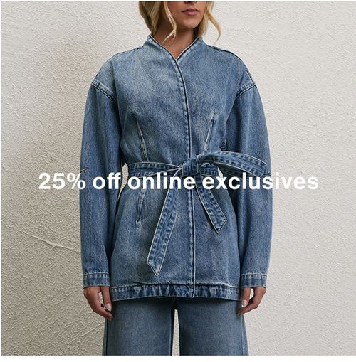 Model wearing a light denim jacket and jeans, promoting 25% off online exclusives.