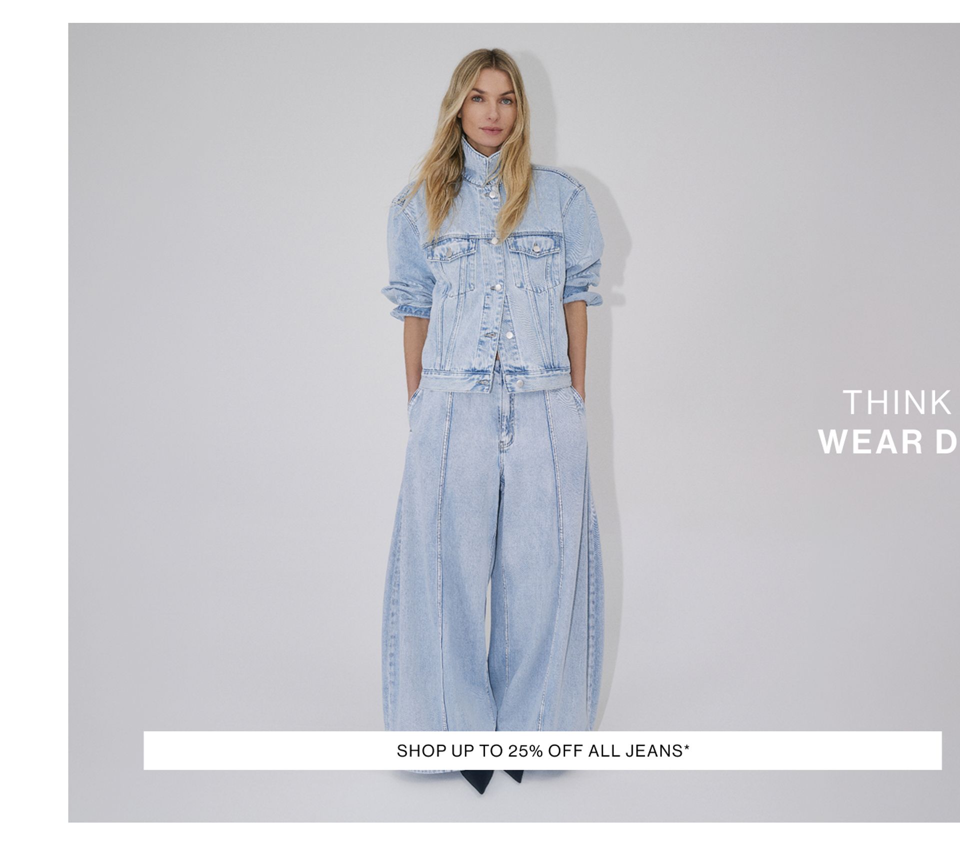 Jess Hart wearing the Nakita Denim Jacket and Paloma Jeans in light blue. SHOP 25% OFF JEANS.