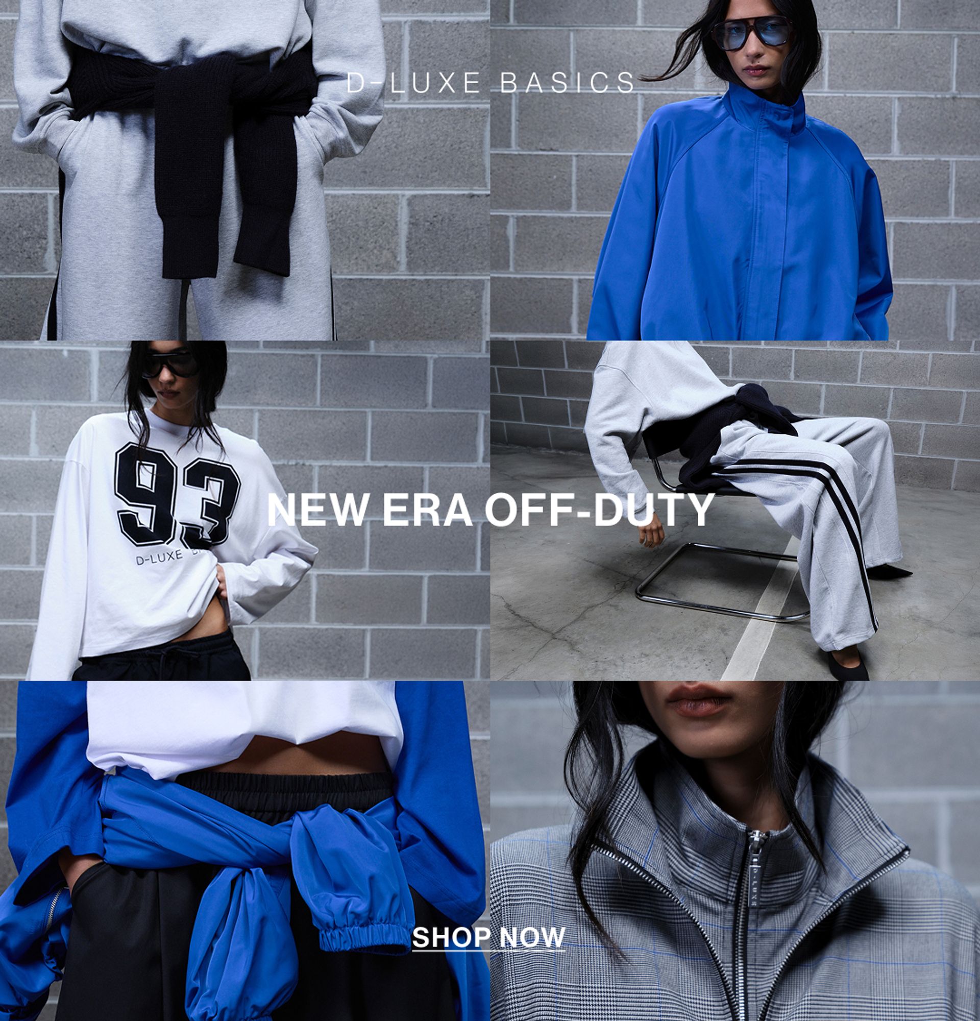 Images of model wearing new D-LUXE jacket in cobalt blue