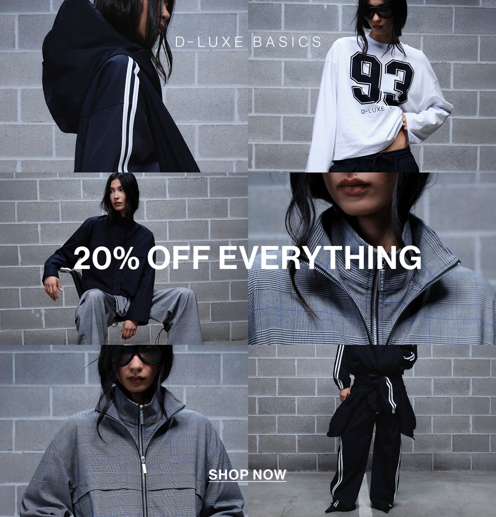 Grid of 6 images of a model wearing new D-LUXE