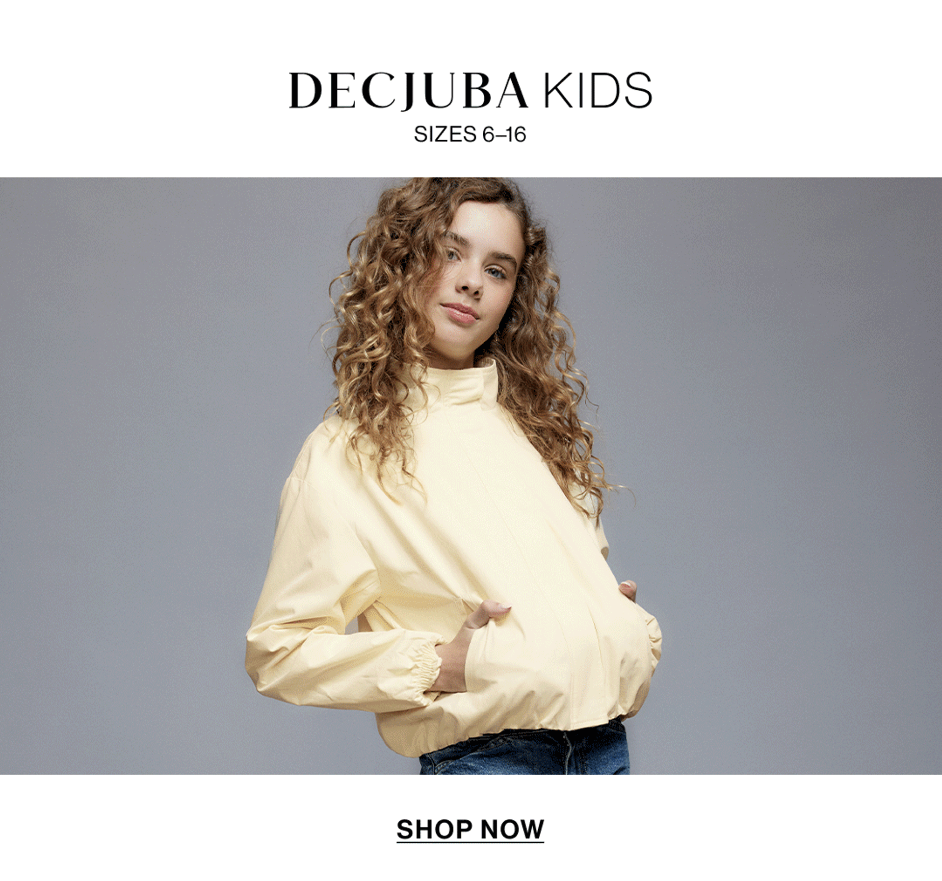 A young girl posing in a yellow jacket with text overlay: "DECJUBA KIDS"