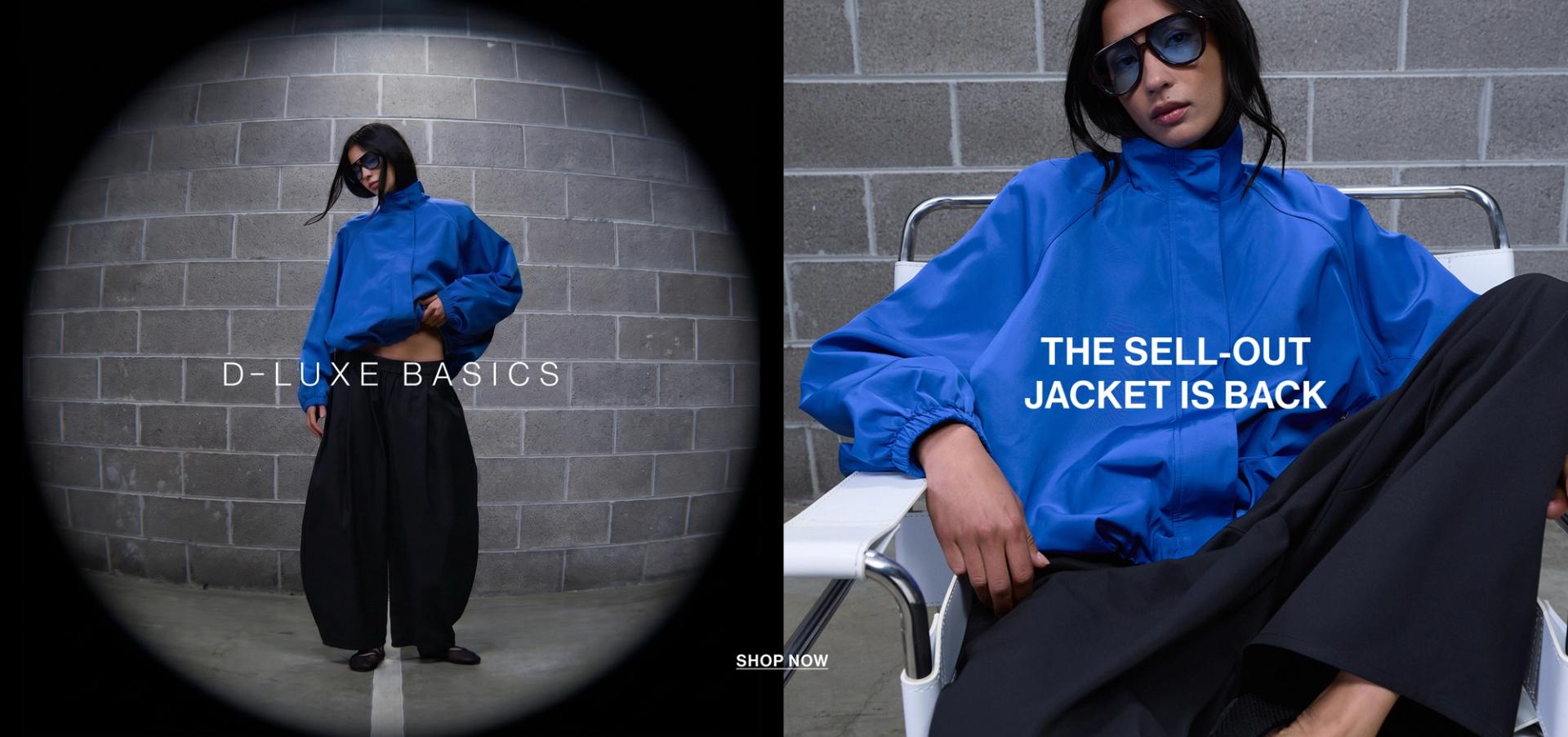 Images of model wearing new D-LUXE jacket in cobalt blue