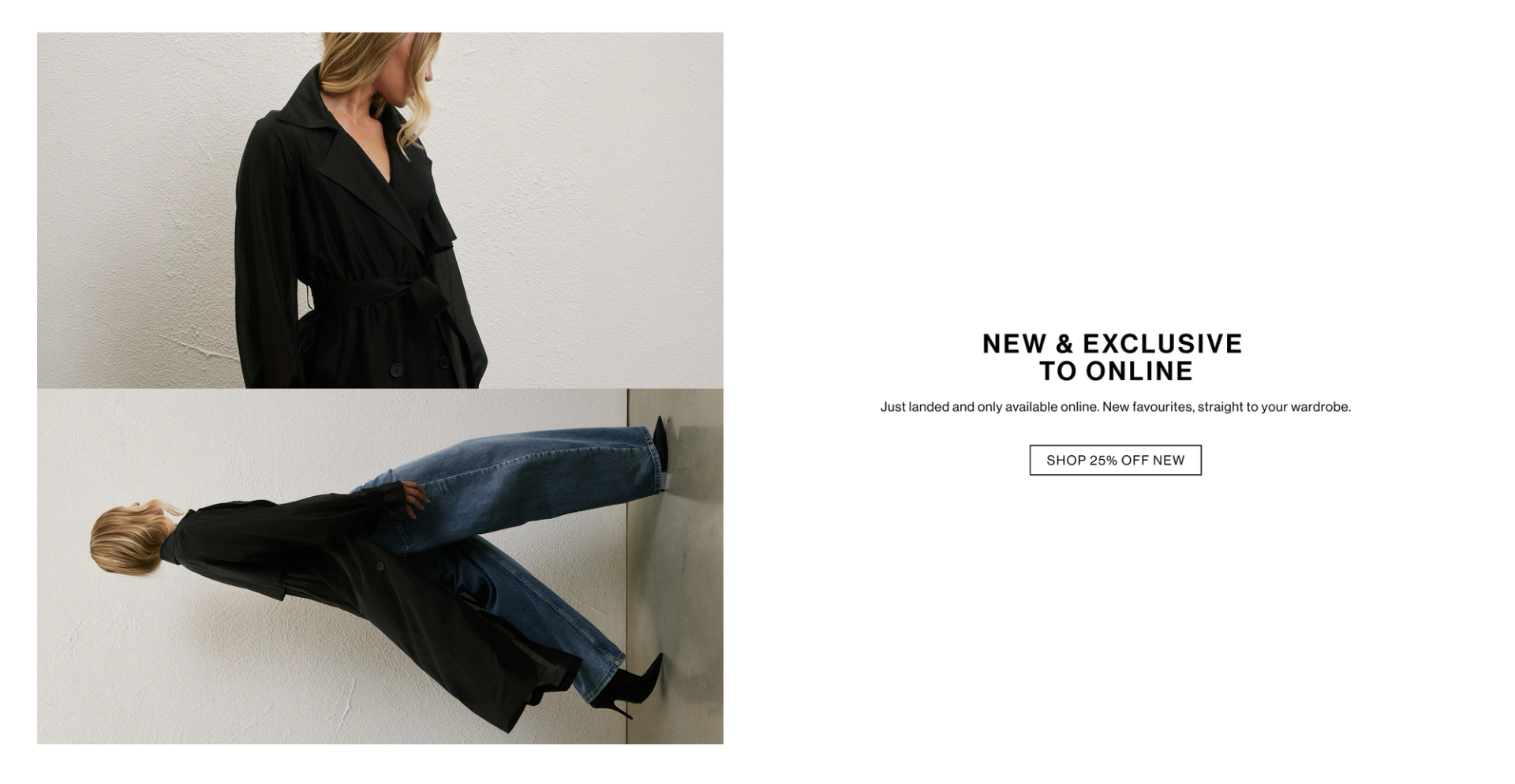 Model wearing long black trench coat styled with denim jeans in editorial fashion pose.