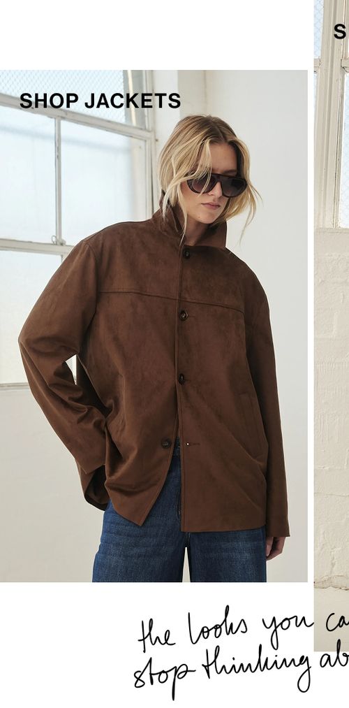 Model posing in a brown faux suede jacket. SHOP JACKETS.
