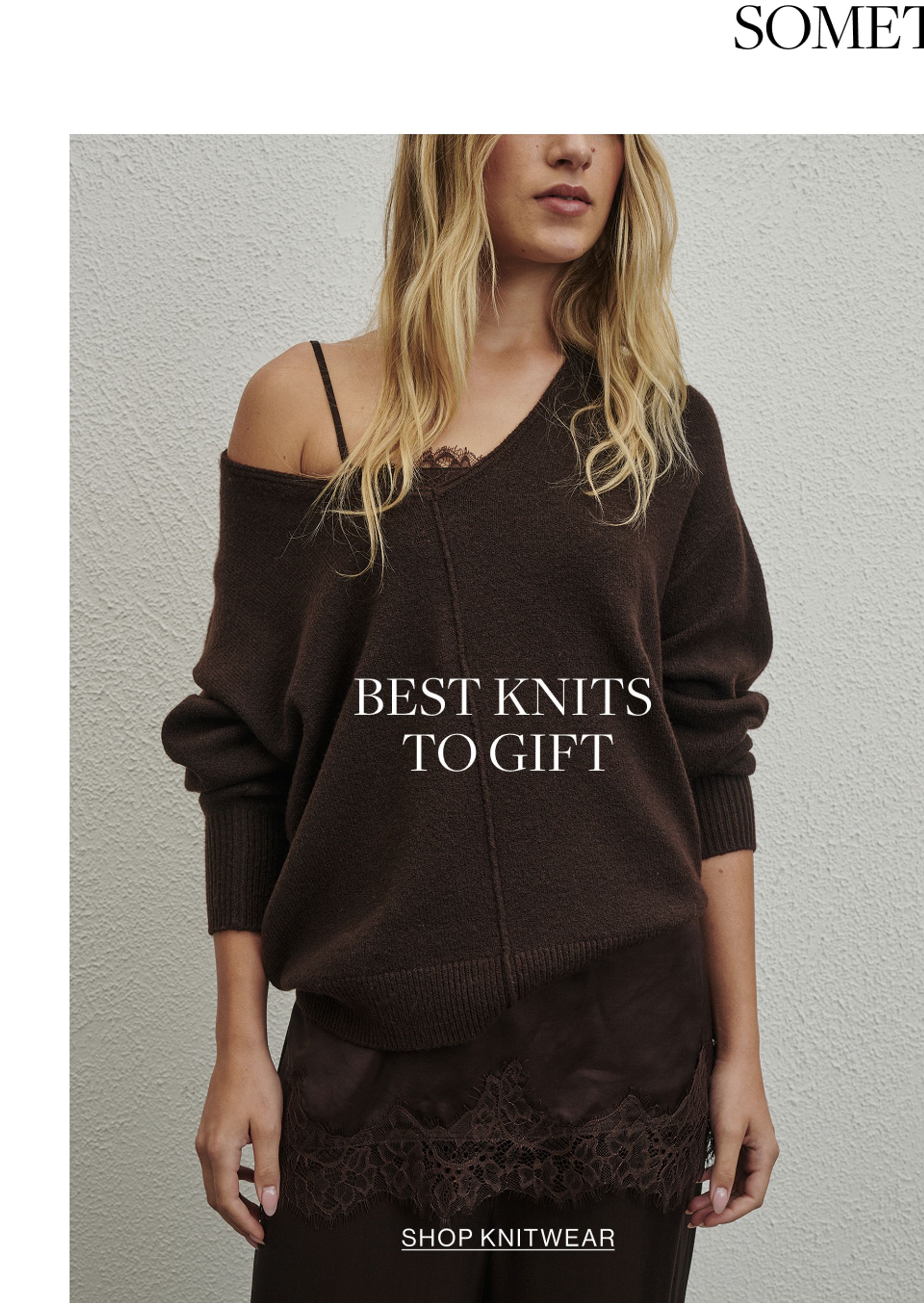 Model wearing a brown knit with text overlay: "BEST KNITS TO GIFT"