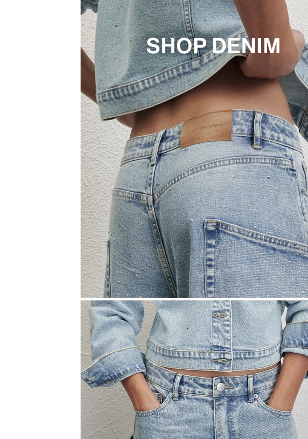 Model wearing sparkly denim jeans. Text reads SHOP DENIM