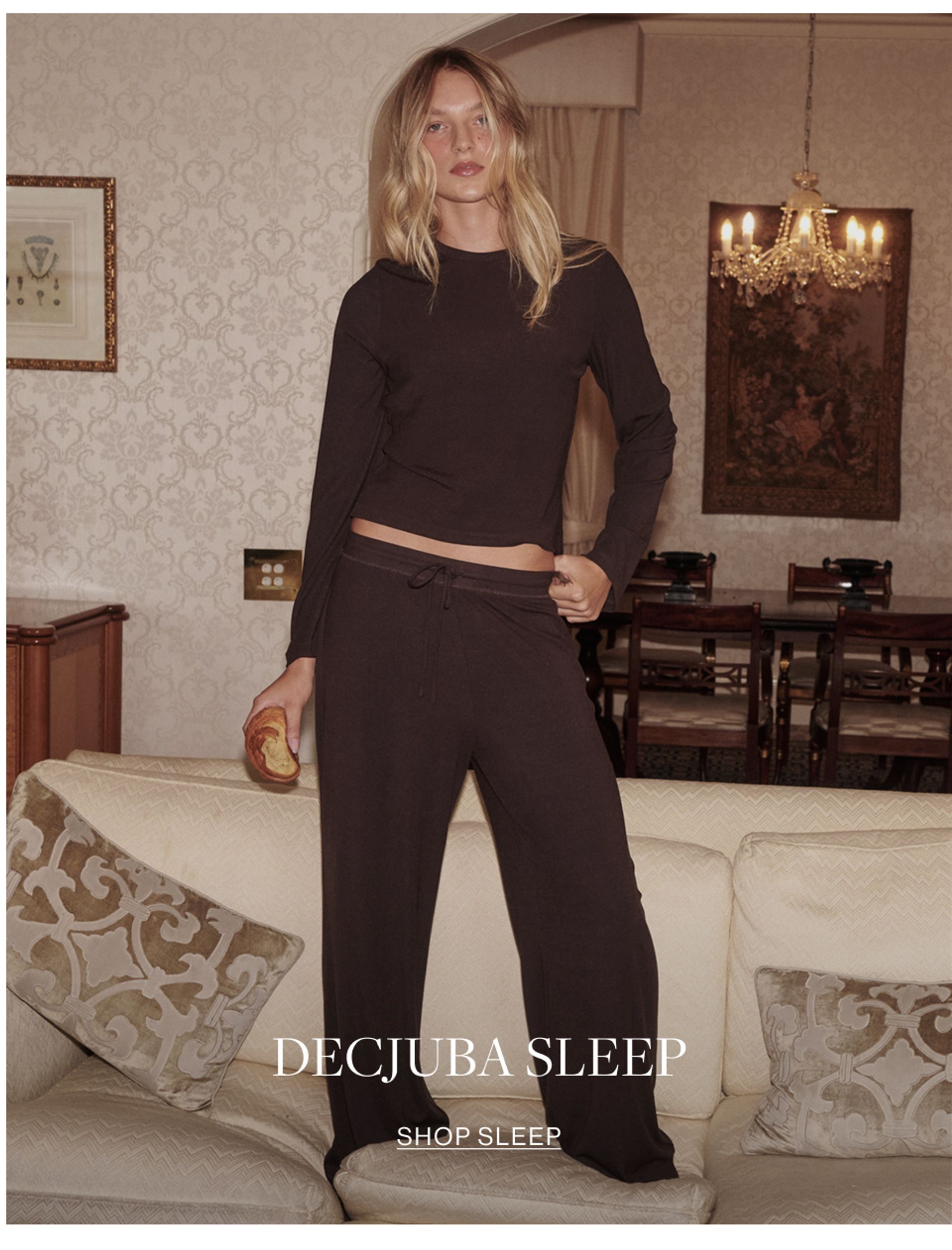Model wearing brown long sleeve top and brown pants. SHOP DECJUBA SLEEP.