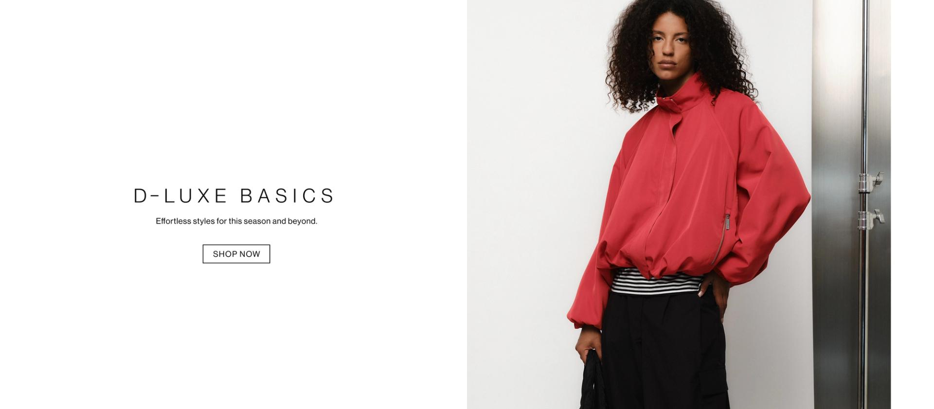 Blonde model smiling in a blue denim zip jacket and matching jeans – D-Luxe Basics.