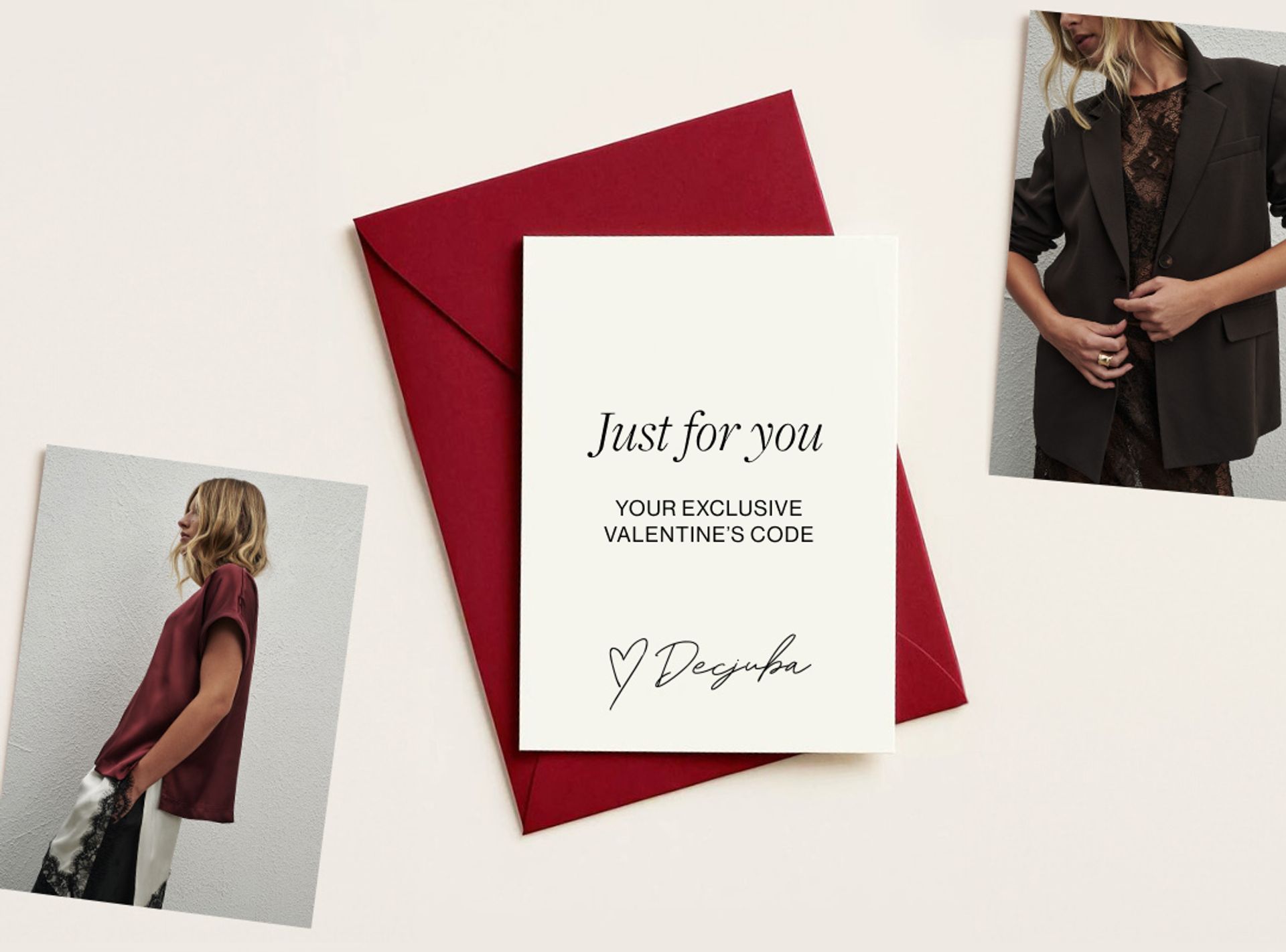 Images of different Valentine's day styles are scattered around a deep red envelope. On top of the envelope lies a white letter which reads Just For You, You exclusive Valentine's code