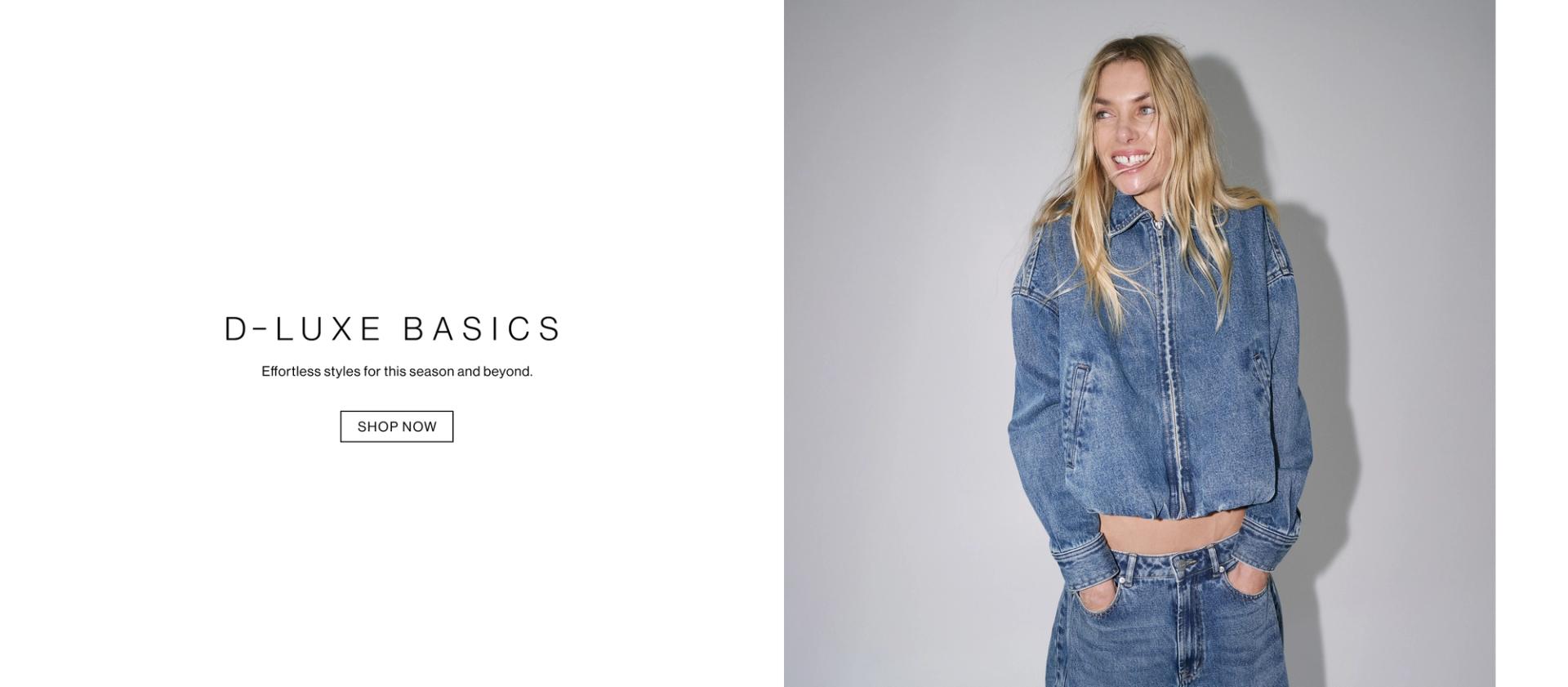 Blonde model smiling in a blue denim zip jacket and matching jeans – D-Luxe Basics.
