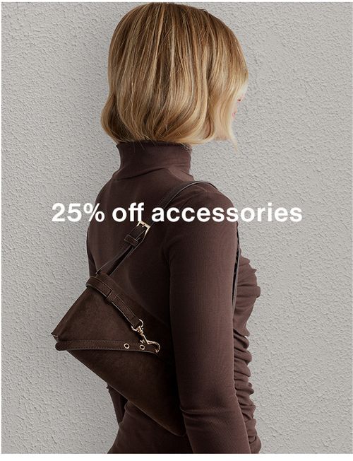 Model wearing a brown high neck long-sleeve top with a brown shoulder bag, promoting 25% off accessories