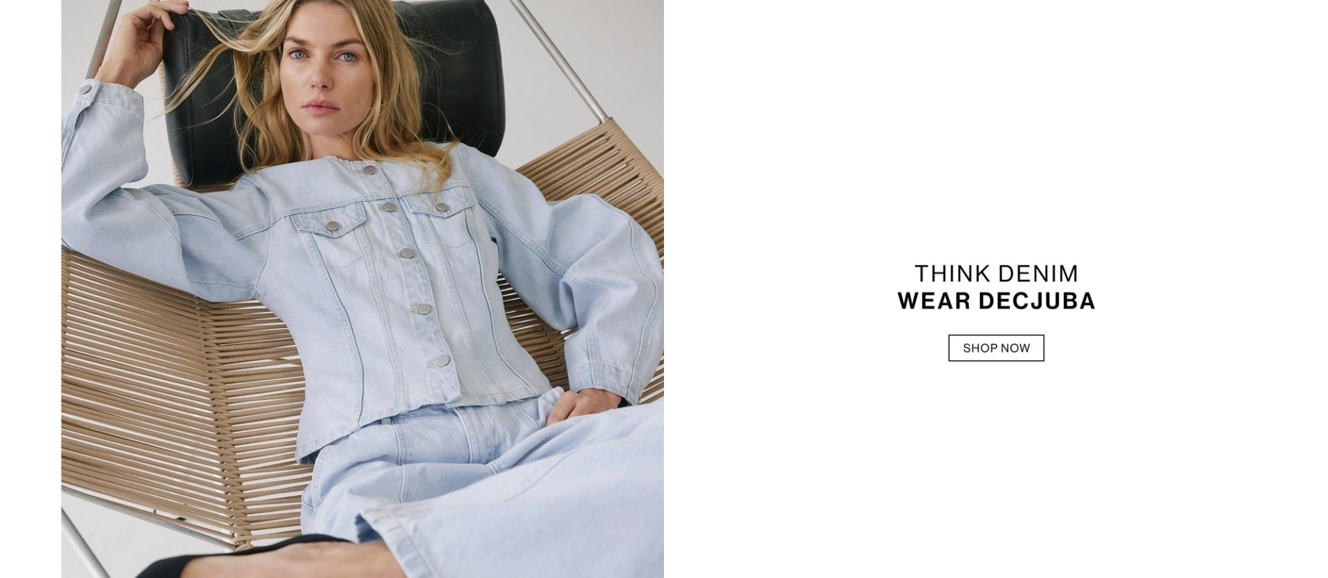 Jess Hart seated in a chair wearing light-wash Decjuba denim. Think denim. Wear Decjuba. Shop now.