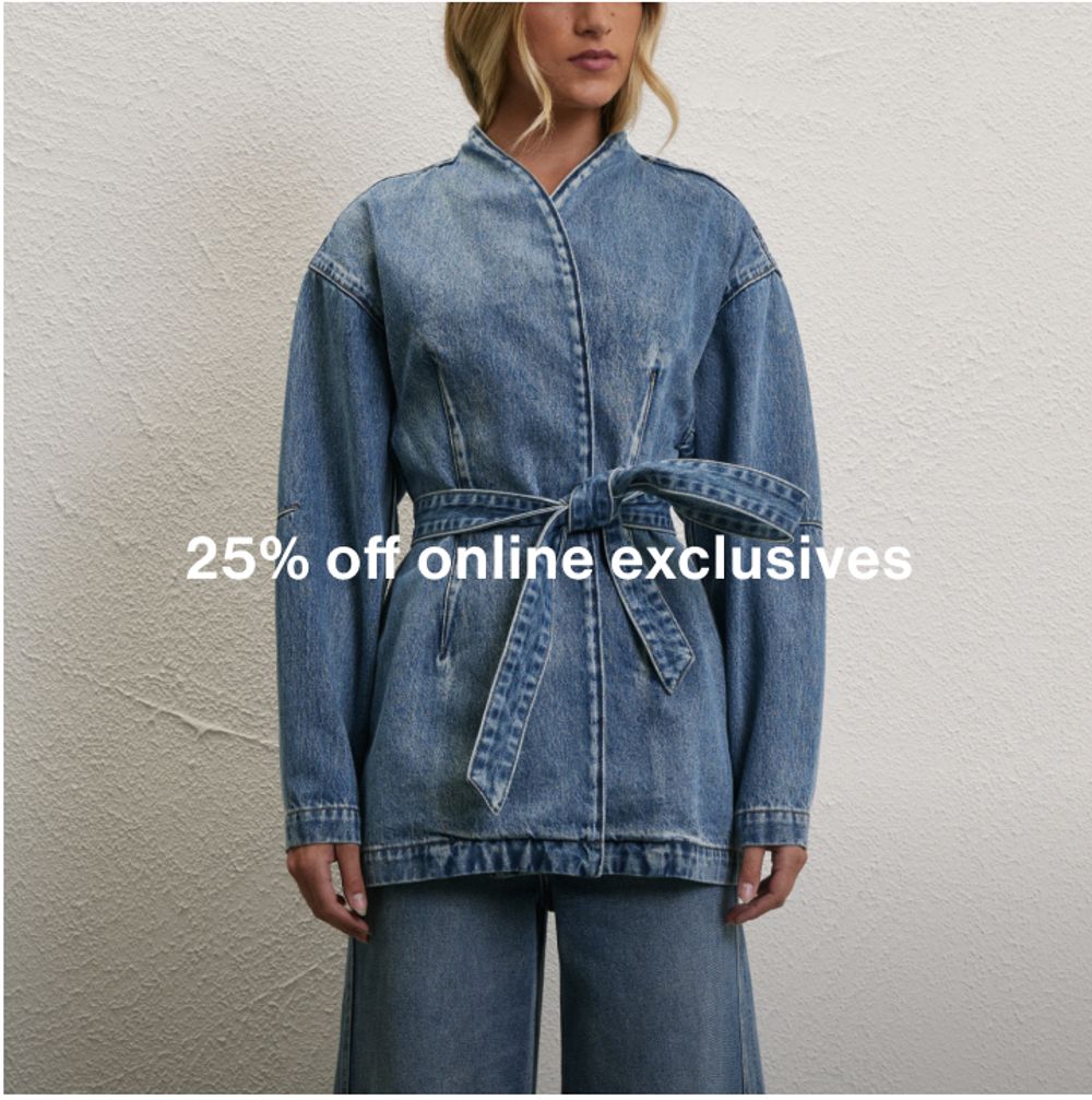 Model wearing a light denim jacket and jeans, promoting 25% off online exclusives.