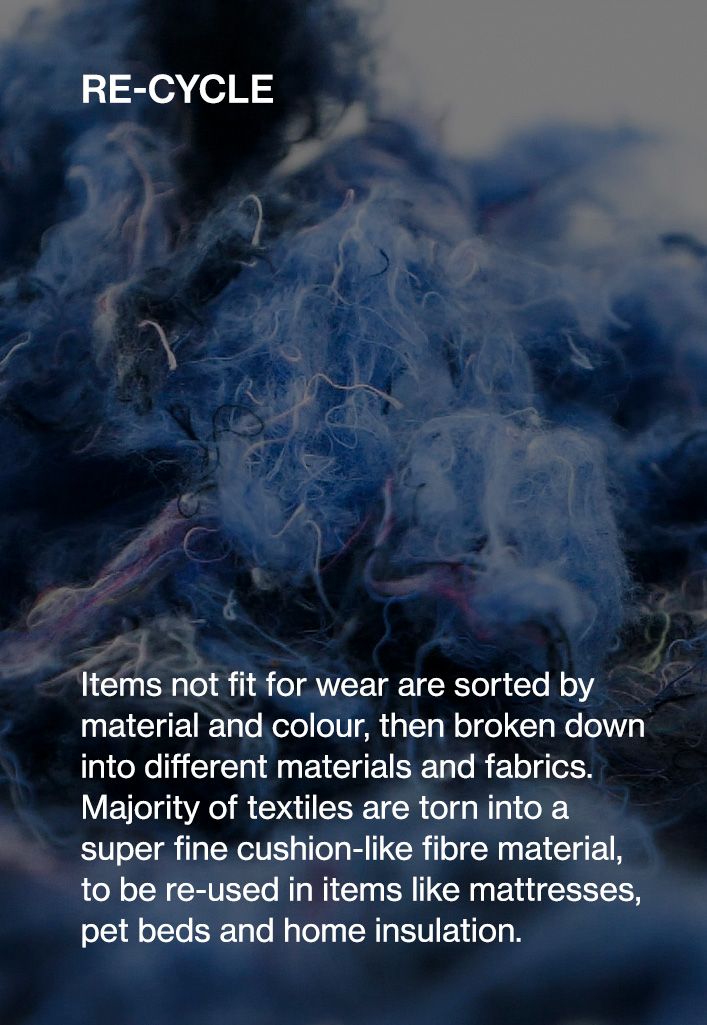 Re-cycle. Items not fit for wear are sorted by material and colour, then broken down into different materials and fabrics.