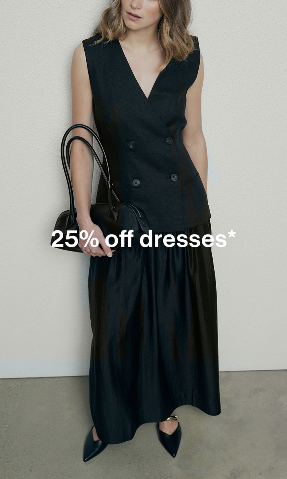 Woman in black dress with promo message