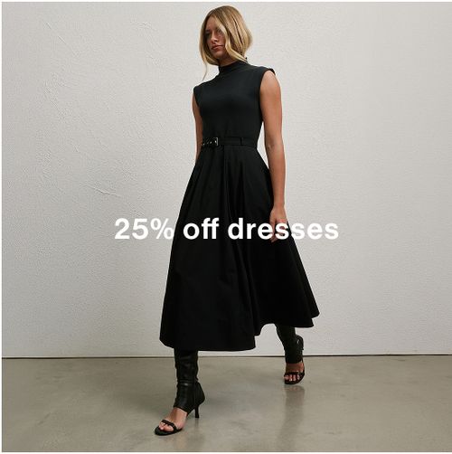 Model wearing a black high neck midi dress, promoting 25% off dresses.