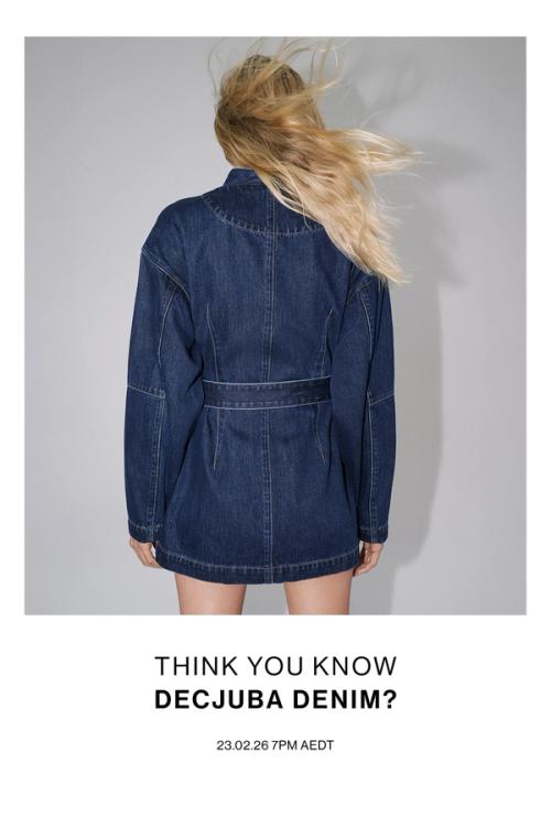 Model seen from behind wearing a dark indigo denim mini dress with long sleeves and a cinched waist, set against a neutral background beside the text “Think you know Decjuba Denim?”