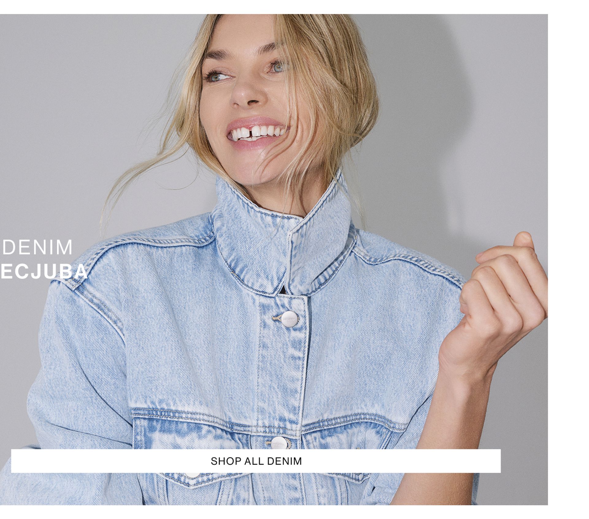 Close up image of Jess Hart in the Nakita Denim Jacket. SHOP DENIM.