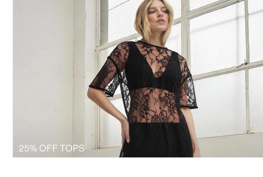 Model posing in a black lace top with text overlay: "25% OFF TOPS"
