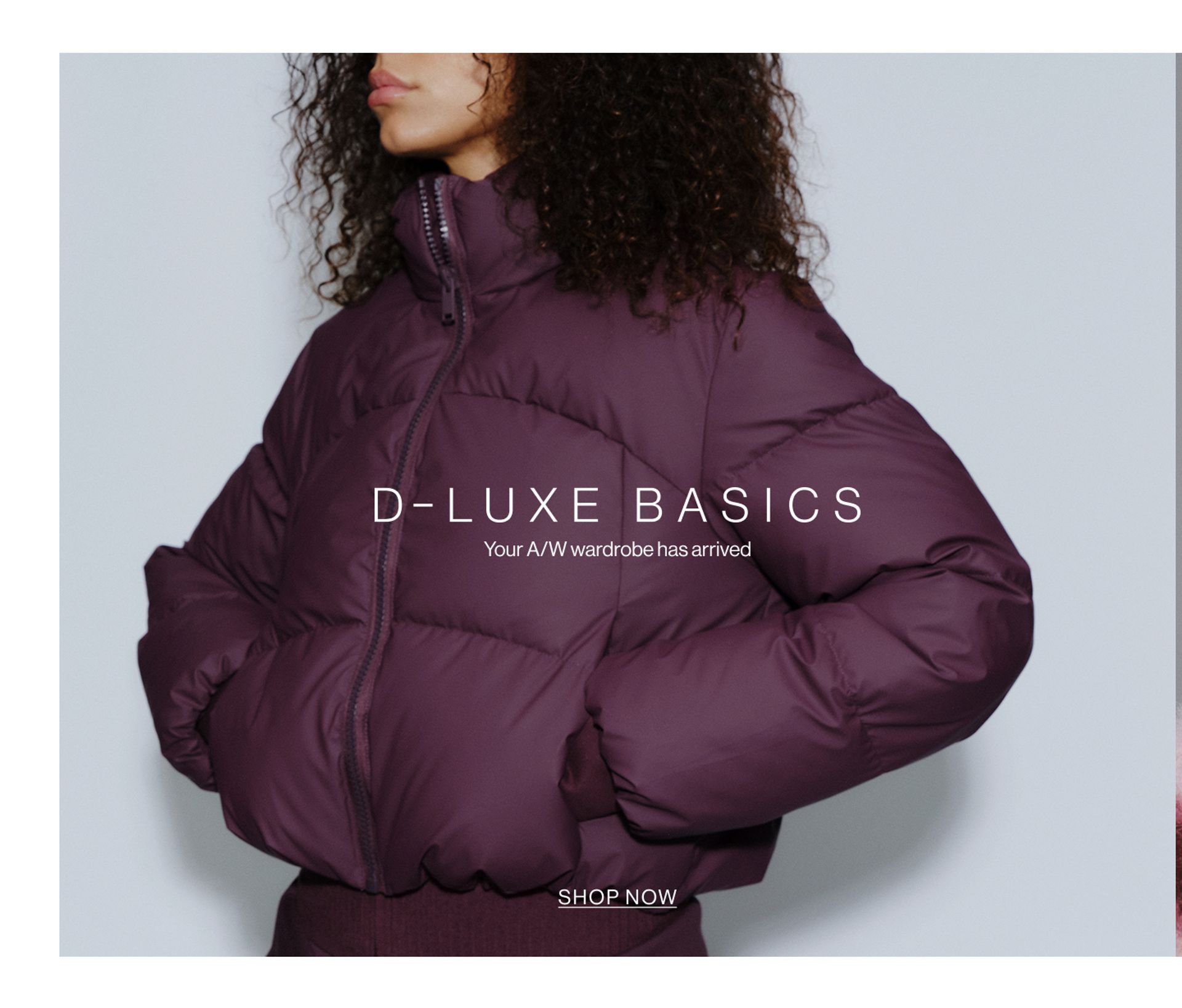 Model wearing a puffer jacket in midnight cherry in a studio. SHOP NEW D-LUXE.
