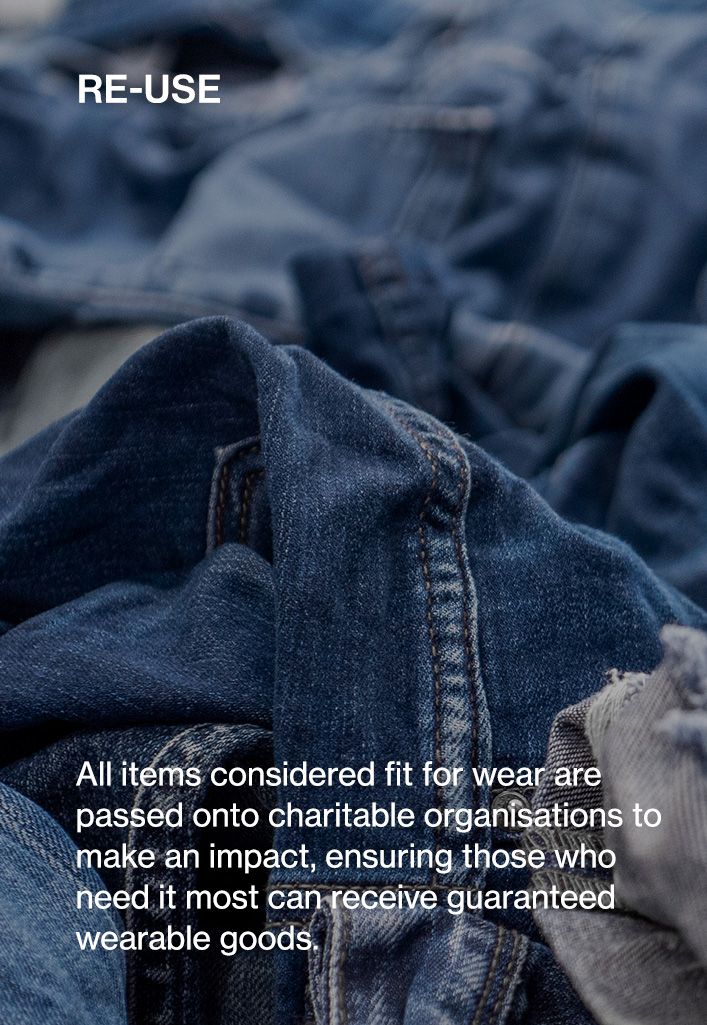 Re-use. All items considered fit for wear are passed onto charitable organisations.
