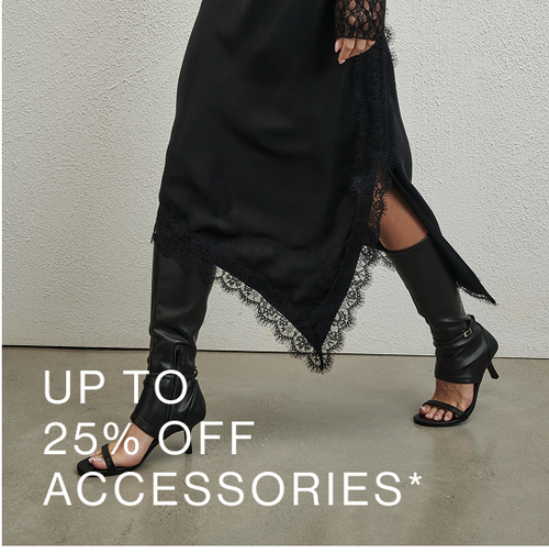 Model wearing black open toe buckle detail heel. SHOP 25% OFF ACCESSORIES.