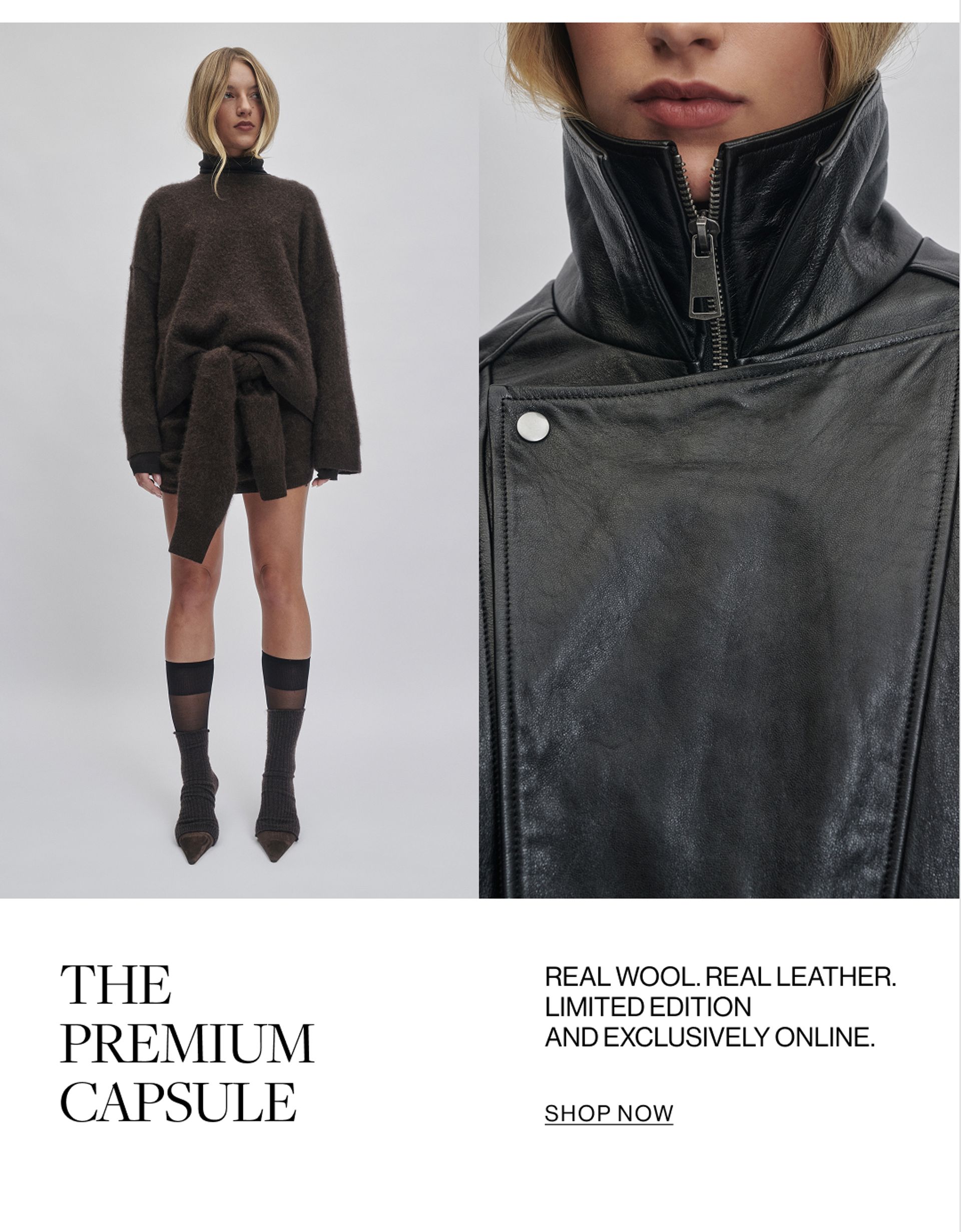 3 models wearing new premium capsule: brown turtleneck knit, white long sleeve knit and black leather jacket