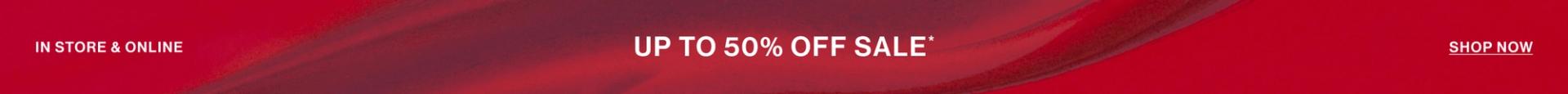 Red graphic banner that reads 'up to 50% off sale'