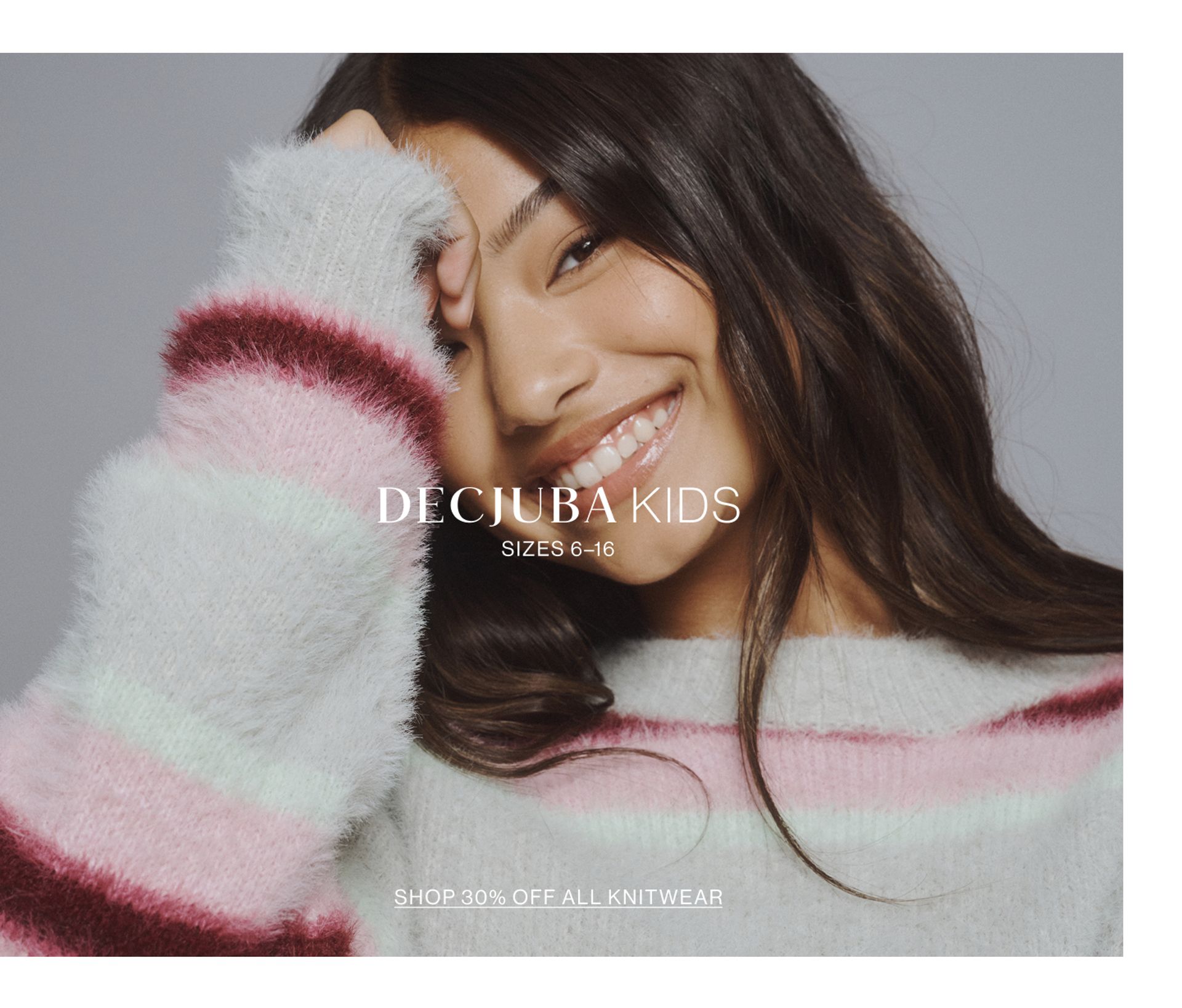 Image of young model wearing a stripe knit with text overlay: "DECJUBA KIDS SIZES 6-16"