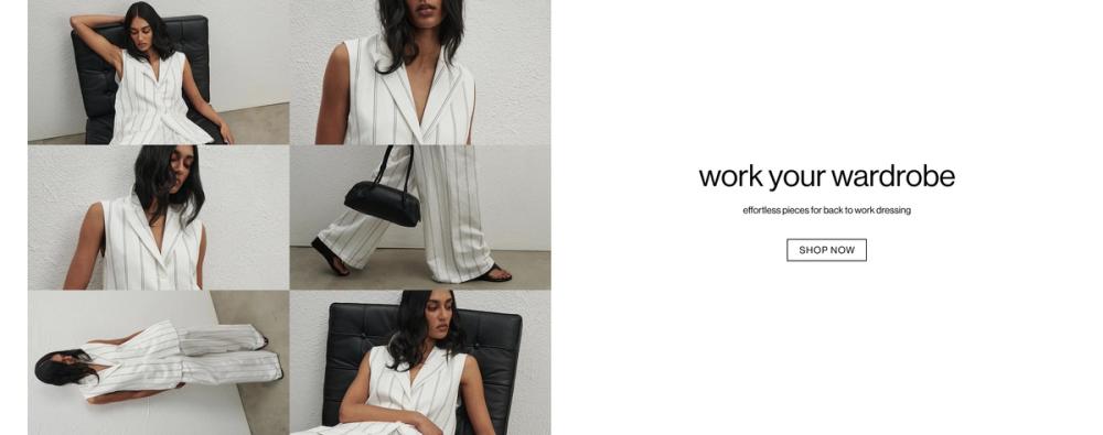 Grid of images of woman in white pinstripe set