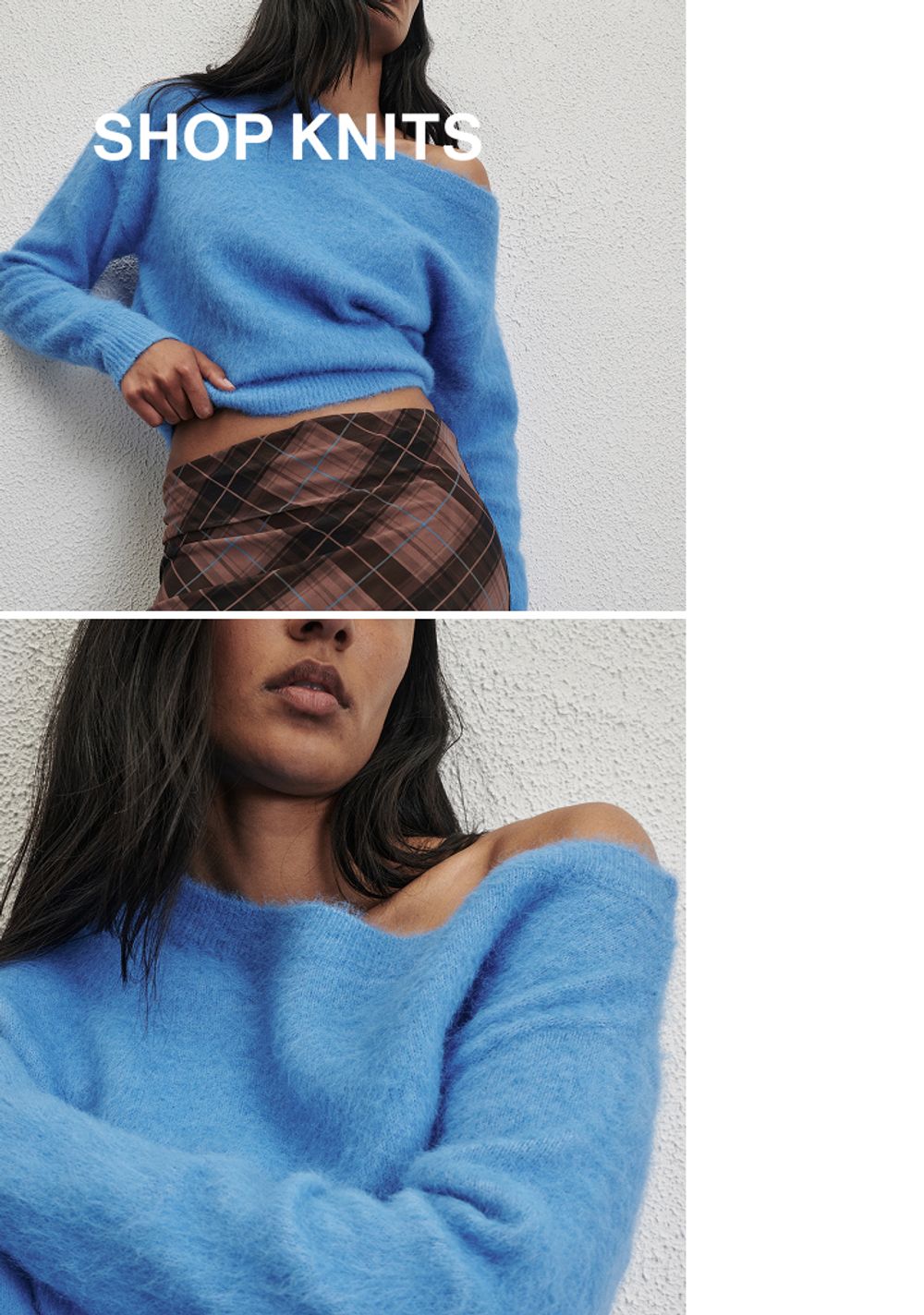 Model wearing a blue knit. Text reads SHOP KNITS