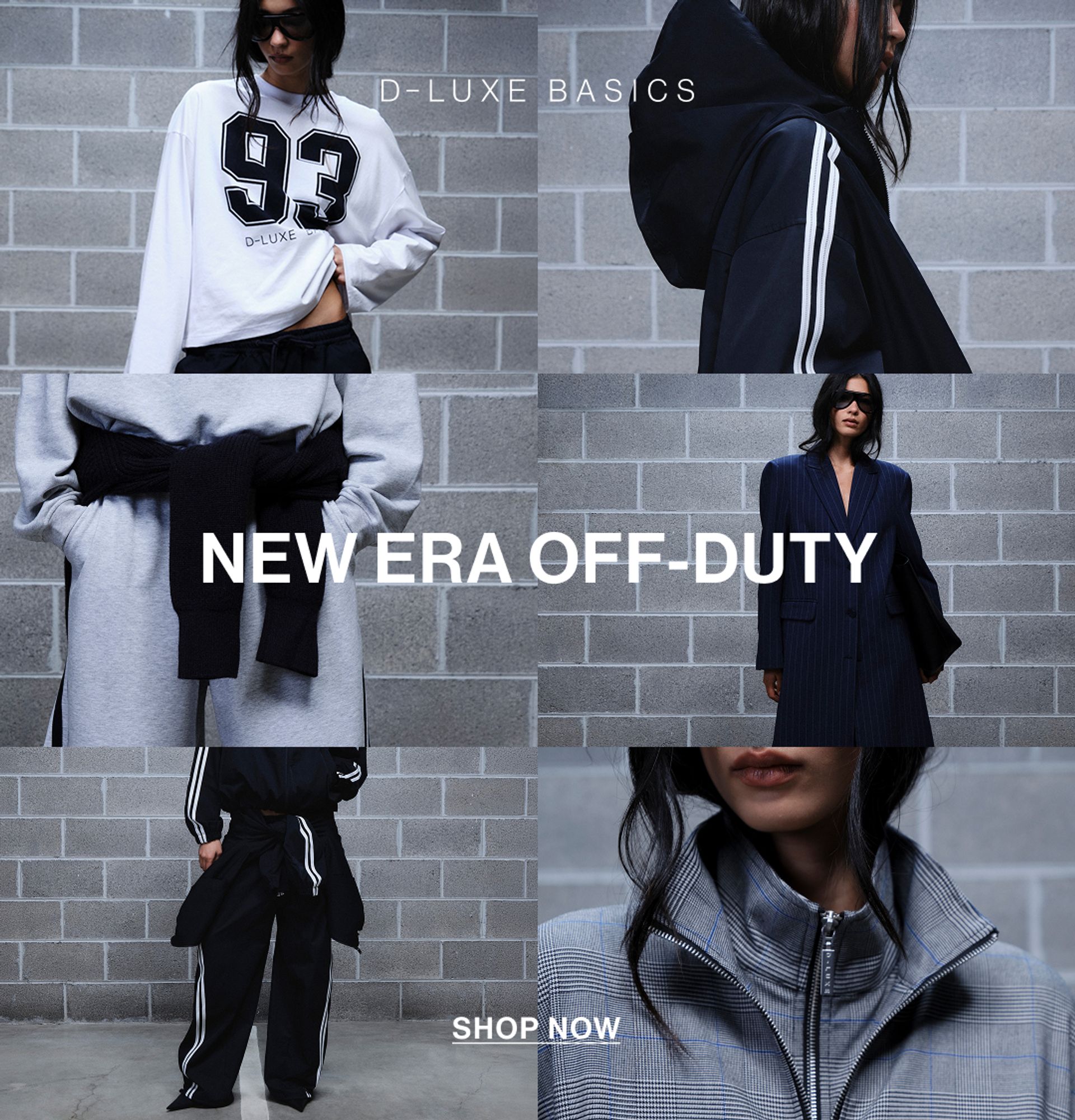 Grid of 6 images of a model wearing new D-LUXE