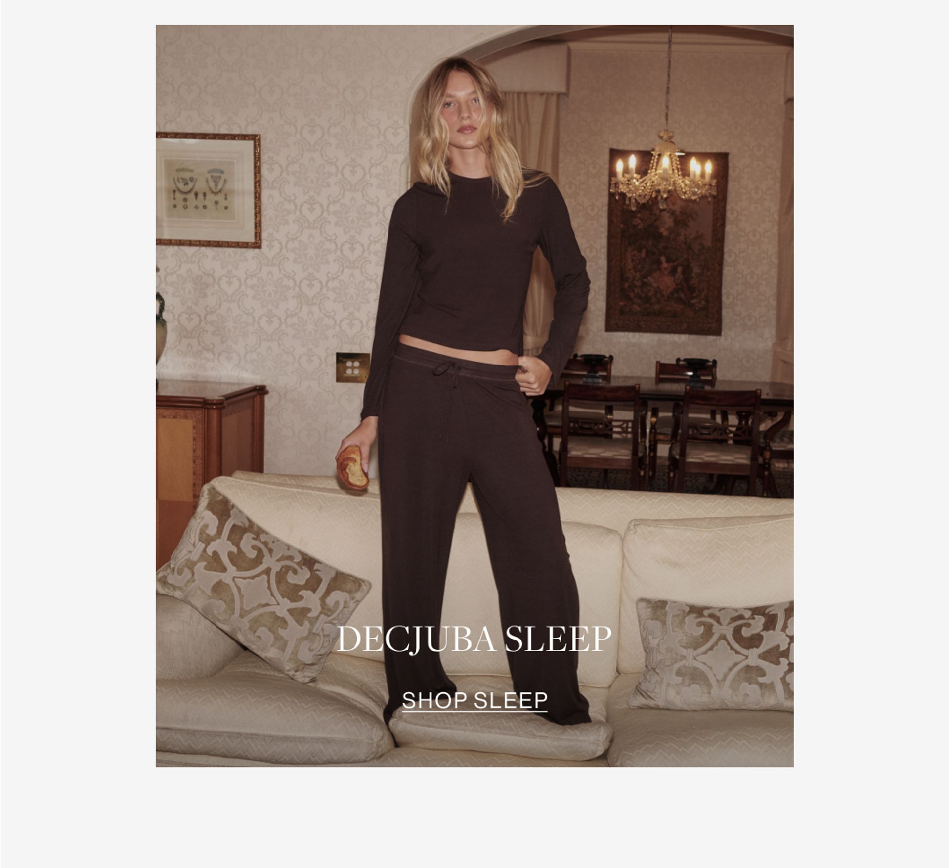 Model wearing brown long sleeve top and brown pants. SHOP DECJUBA SLEEP.