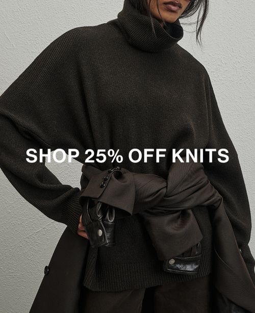 Model wearing a brown knit. Text reads SHOP 25% OFF KNITS